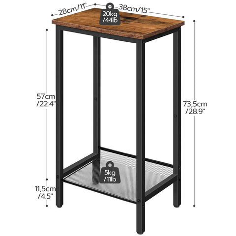 Built Tough Industrial Tall Side Table Featuring Adjustable Mesh Shelves And Rugged Steel Frame Works Like A Charm As A Tall Nightstand For Your Rustic Brown Living Room Setup, 73.5 cm tall with a wooden top.