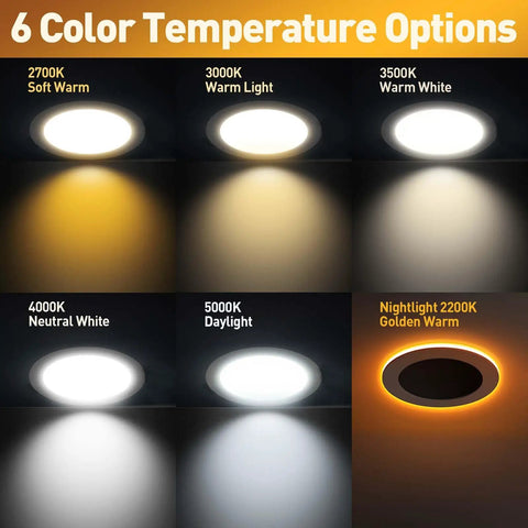 Six Pack Ultra Thin Canless LED Recessed Downlights 6 Inch Dimmable With Night Light Mode showing 6 color temperature options.