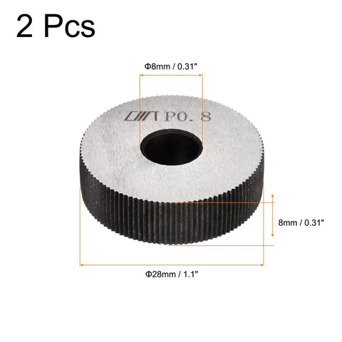 Image of a Two Pack Knurling Wheel Kit 28x8x8mm with 0.8mm Pitch Straight Linear Knurl Wheels and measurements