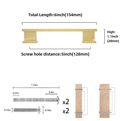 Straight Up Premium Brushed Gold Cabinet Handles 10 Pack 5 Inch Center To Center Heavy Duty Drawer Pulls Kitchen Cabinet Door Hardware No Fuss Knockout Design measurements and screws layout
