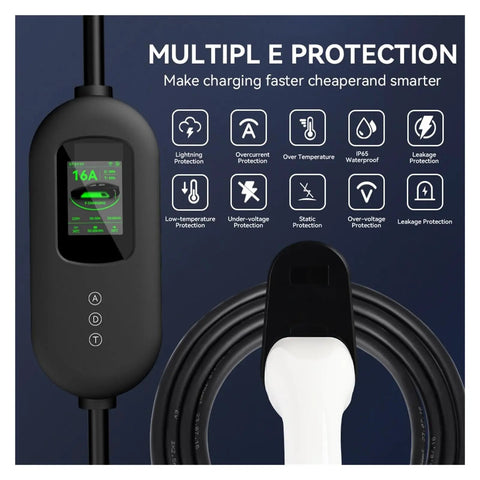 Portable 11Kw 16A Type 2 EVSE Charger With Three Phase Fast Charging And Safety Leakage Protection features display for charging protection.