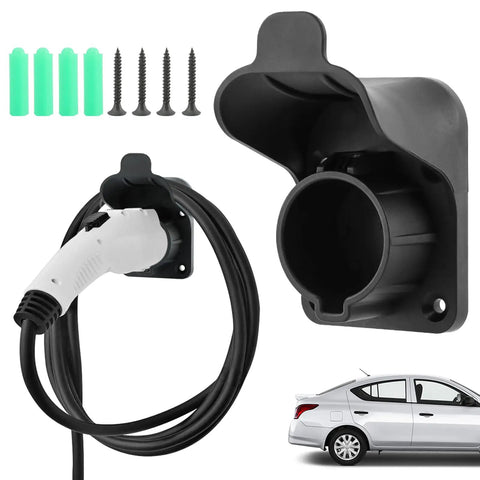 Premium Wall Mount EV Charger Holder Built For SAE J1772 AC charging cable setup, durable black nylon holder with screws included.