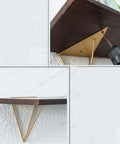 Rugged Triangle Shelf Bracket For Open Shelving Built Hella Solid With Matte Iron Wall Brackets And Dope Mid Century Hairpin Design showing installation of wooden shelf with gold bracket.