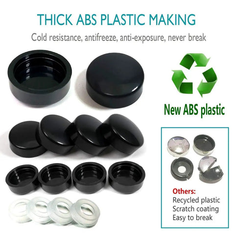 Anti Theft License Plate Screws Set In Rust Resistant Stainless Steel Tamper Proof Security Bolts with Black Caps displayed