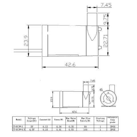Technical drawing of 4 Pack Dope Submersible Mini Water Pumps With Clear 1m Tubing For Aquariums And Fountains Quiet DC 3V To 5V