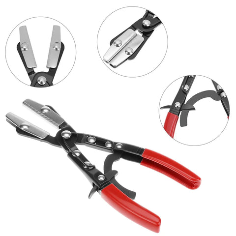 Automatic Locking Ratcheting Hose Pinch Off Pliers 10 Inch Heavy Duty Swivel Jaw Clamp with red comfort grip handles
