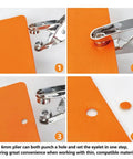 All-In-One Grommet Tool Kit With 1200 Metal Eyelets And Washers in use to punch and set eyelets on thin orange material