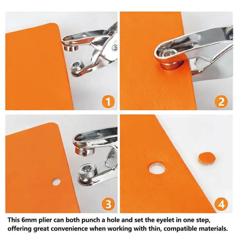 All-In-One Grommet Tool Kit With 1200 Metal Eyelets And Washers in use to punch and set eyelets on thin orange material