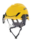 V-Gard H1 Half-Face Spectacle With Clear Polycarbonate Visor, Anti-Fog And Anti-Scratch Coating, shown mounted on yellow hard hat.