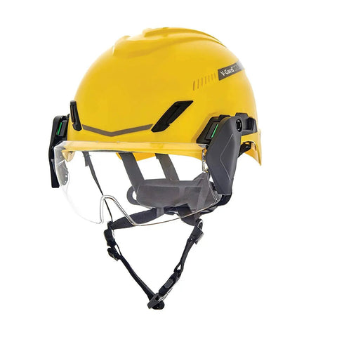 V-Gard H1 Half-Face Spectacle With Clear Polycarbonate Visor, Anti-Fog And Anti-Scratch Coating, shown mounted on yellow hard hat.
