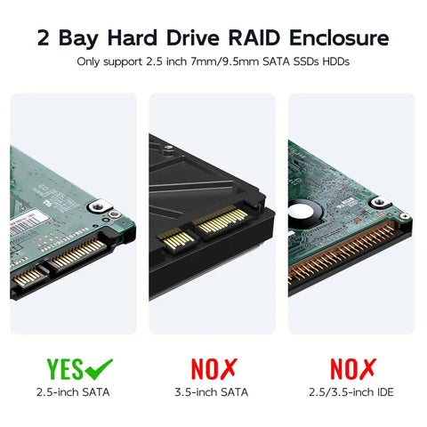 Image showing compatibility info for Tool Free Dual Bay External Hard Drive Enclosure For 2.5 Inch SATA SSD HDD. 2.5-inch supported.