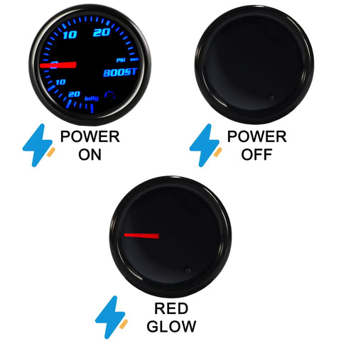 Tinted Seven Color Turbo Boost And Vacuum Gauge Kit For Turbo Cars 0 To 30 PSI Boost And Negative Thirty To Zero InHg Vacuum Mechanical Dial 52 Millimeter Real Time Readouts For Quick Boost Checks Easy Install, power on/off views