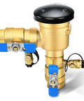 Front view of 1-inch brass pressure vacuum breaker backflow preventer with metal top cover and blue lever valves for irrigation