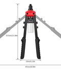 Boss Level Heavy Duty Manual Pop Rivet Gun Kit Featuring 200 Rugged Aluminum Rivets Plus Five Swap Out Nozzles dimensions and design view.