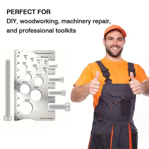 Sturdy Stainless Steel Screw Measuring Ruler With Precision Thread And Distance Gauge For Screws Bolts And Nuts, durable silver tool shown with M4-M18 holes
