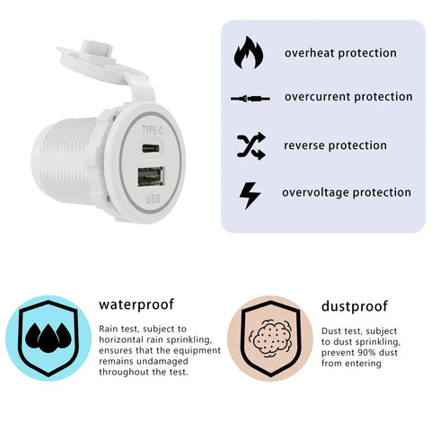 Tough As Nails Waterproof Type C Usb Car Charger Socket With Rubber Cap for 12V and 24V rides with protective features.