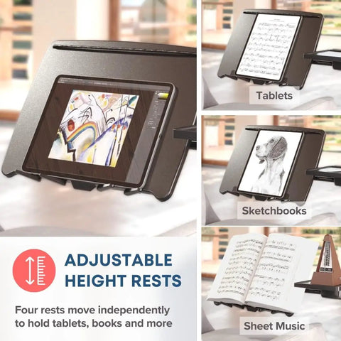 G2 Deluxe Adjustable Laptop Stand With Rolling Computer Desk displaying tablets, sketchbooks, and sheet music