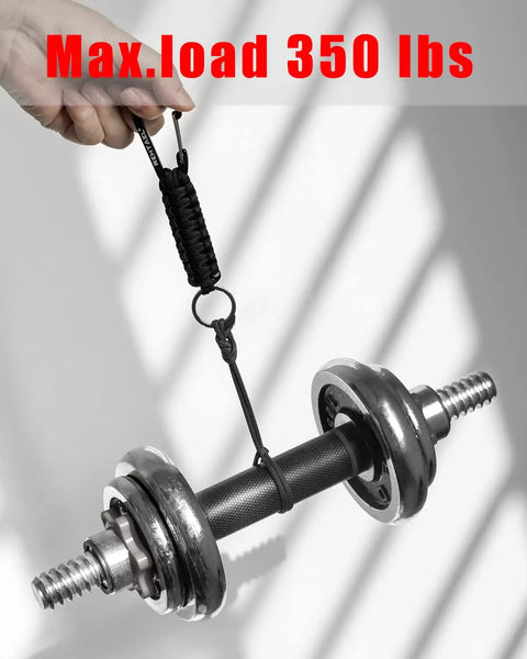 Heavy Duty Carabiner Key Chain Set With Military Braided Paracord And Hook Clip D Ring holding a dumbbell, max load 350 lbs
