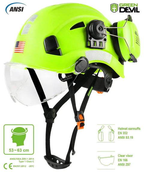 3 In 1 Safety Helmet Kit With Visor And Ear Muffs For All Day Comfort, Lightweight Vented ABS Hard Hat Showing 6 Point Suspension