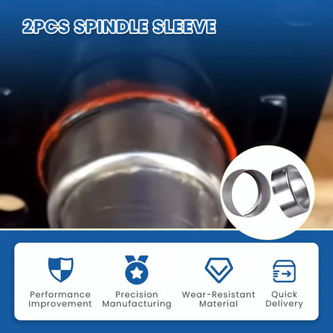 Close-up of Two Piece 33517U Spindle Sleeve With Lube Hole for UFP boat trailer spindle showing 2pcs title and durability icons