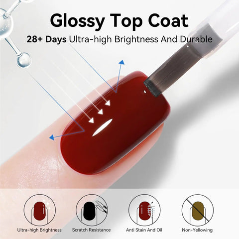 No Wipe Gel Top Coat Clear 15Ml High Gloss Scratch Resistant applied to a glossy red nail for a durable finish.