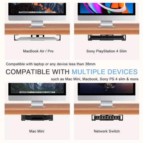 Under Desk Laptop Mount With Adhesive And Screws Aluminum Shelf Holder installed with MacBook, Sony PS4, Mac Mini, Network Switch