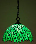 Tiffany Style Pendant Light Plug In With Green Wisteria Stained Glass 12 Inch Hanging Lamp with chain, illuminated view