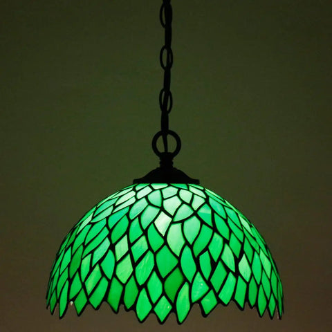 Tiffany Style Pendant Light Plug In With Green Wisteria Stained Glass 12 Inch Hanging Lamp with chain, illuminated view