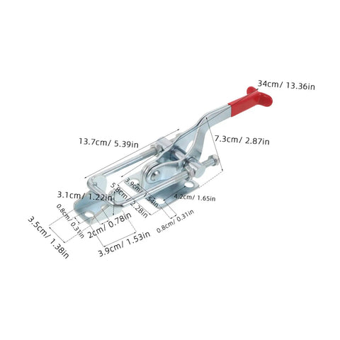 Super Tough Two Pack Heavy Duty Toggle Latch Clamps With Galvanized Iron Build and Massive 2183 Pound Holding Power shown from side with dimensions marked.