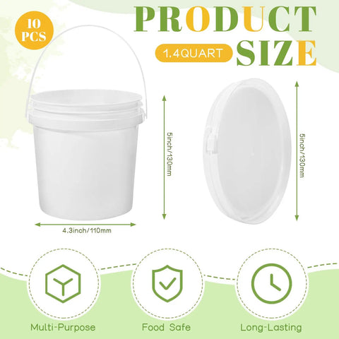 Diagram showing dimensions of 10 Pack 1.4 Quart White Plastic Storage Buckets With Airtight Lids And Built In Handles.