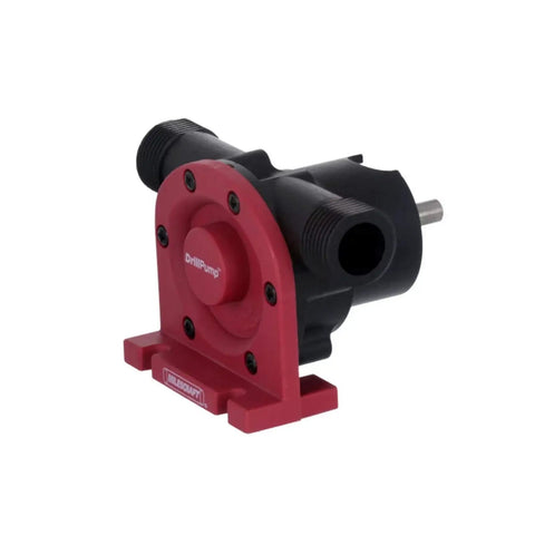 Drill Pump Attachment With Self Priming Water Transfer Pump For Drills, 750 GPH, garden hose compatible, side view.