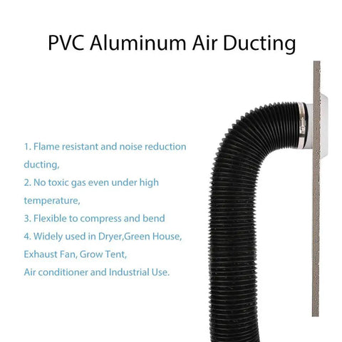 PVC aluminum air ducting information with visible black duct attached to wall, highlighting flame resistance and uses in dryer and industrial settings.
