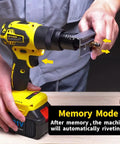 Hifeson 21V Cordless Electric Rivet Gun And Rivet Nut Tool Professional Kit With Batteries And Charger For Auto Body Work Fastener Repair 3/16 Inch To 3/8 Inch Automatic Setting in use with a metal piece being riveted.