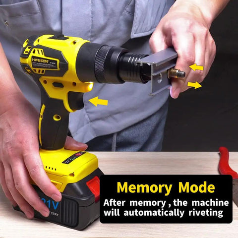 Hifeson 21V Cordless Electric Rivet Gun And Rivet Nut Tool Professional Kit With Batteries And Charger For Auto Body Work Fastener Repair 3/16 Inch To 3/8 Inch Automatic Setting in use with a metal piece being riveted.
