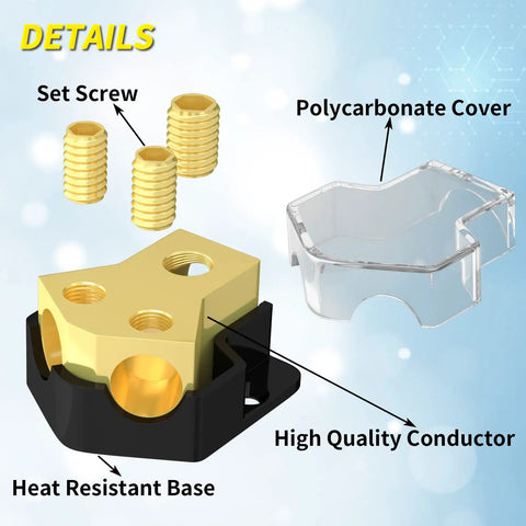 12V Car Audio Power Distribution Block 2 Way Ground Splitter With 0/2/4 Gauge In And 4/8/10 Gauge Out, Amp Distribution Block For Marine Auto Boat Setup, Durable Shielded Cover Included. Brass conductor with polycarbonate cover and set screws