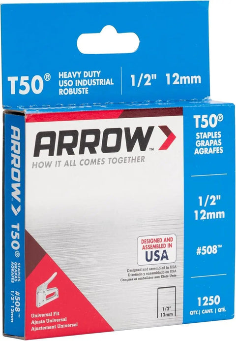 Badass Heavy Duty T50 Staples 1/2 Inch Leg Length And 3/8 Inch Crown For Upholstery And Construction Work Pack Of Two With 1250 Count Each For Real Deal DIY Pros And Craft Lovers, packaged box view.