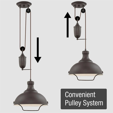 Sequoia 13 Inch Dope Industrial Pulley Pendant Light With Dome Shade And Counterweight In Oil Rubbed Bronze Finish Adjustable Height Design
