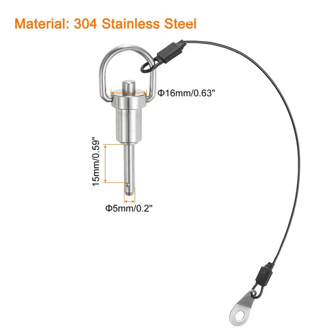 Ball Locking Pin With Button Handle, 5mm Pin Diameter, 15mm Usage Length, Push Button Quick Release Pin With Lanyard Cable, 304 Stainless Steel