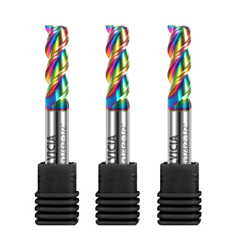 Front view of Three Piece 1/4 Inch Tungsten Carbide End Mills Set With 3 Flutes DLC Coated For Aluminum And Copper Alloys CNC Milling Bits