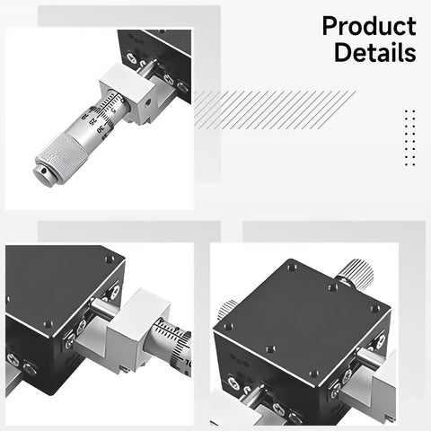 Manual XY Positioning Table With 0.01mm Precision, micro adjustment knobs, compact 58.5mm square zinc alloy build, detail view