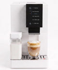 Top Shelf Fully Automatic Espresso Machine With Built In Grinder And Dual Milk Frother For Smooth Bean To Cup Coffee Drinks Without Stepping Outside Your Door showing milk container and brewed coffee.