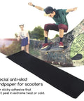 Skateboarder using anti slip grip tape for skateboards and scooters, waterproof outdoor tape in 9 by 33 inches, thick PVC non slip surface