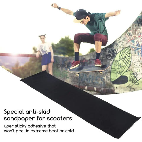 Skateboarder using anti slip grip tape for skateboards and scooters, waterproof outdoor tape in 9 by 33 inches, thick PVC non slip surface