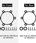 Boost Hub Conversion Adapter For Front And Rear Wheels, Converts 100mm By 15mm To 110mm By 15mm Or 142mm By 15mm To 148mm, Aluminum Alloy, 6 Hole, Spacers And Screws Included