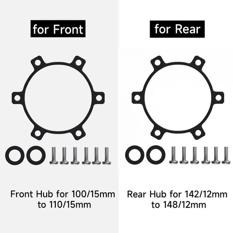 Boost Hub Conversion Adapter For Front And Rear Wheels, Converts 100mm By 15mm To 110mm By 15mm Or 142mm By 15mm To 148mm, Aluminum Alloy, 6 Hole, Spacers And Screws Included