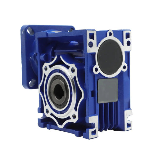 NMRV040 Worm Gear Reducer 30 To 1 Flange Input Shaft 14mm Clamp Diameter And 18mm Output Shaft in blue aluminum housing