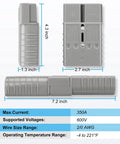 350 Amp 600 Volt Battery Quick Disconnect Connector with gray housing, dimensions and specifications shown.