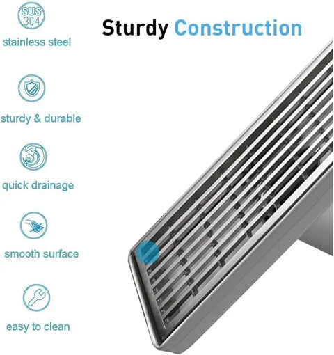 Close-up of 24 Inch Offset Side Outlet Linear Shower Drain In Slick Brushed Stainless Steel showcasing sturdy construction and smooth surface.