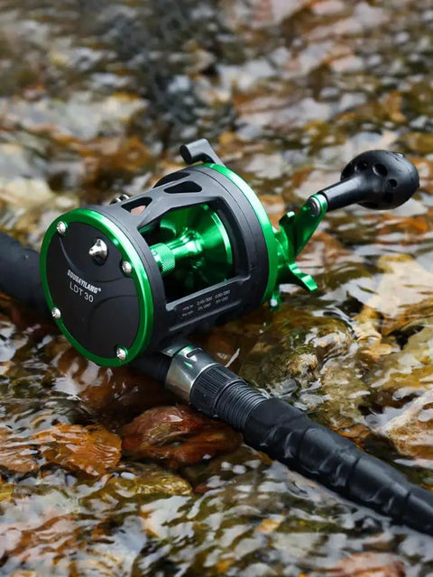 Round Baitcasting Fishing Reel With CNC Machined Aluminum Body 25Lb Max Drag Waterproof Trolling Reel in a stream setting