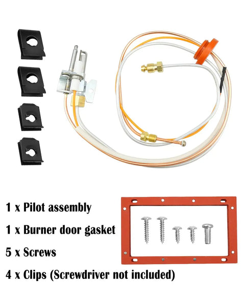 Pilot And Igniter Assembly Replacement Kit For Natural Gas Water Heaters Compatible With Rheem And GE, showing components and screws